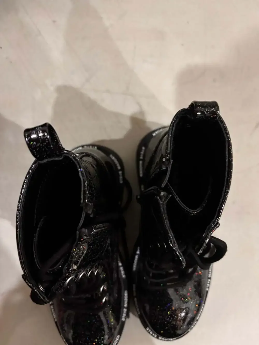 Steve Madden Girls Black Glitter Combat Boots with Side Zipper